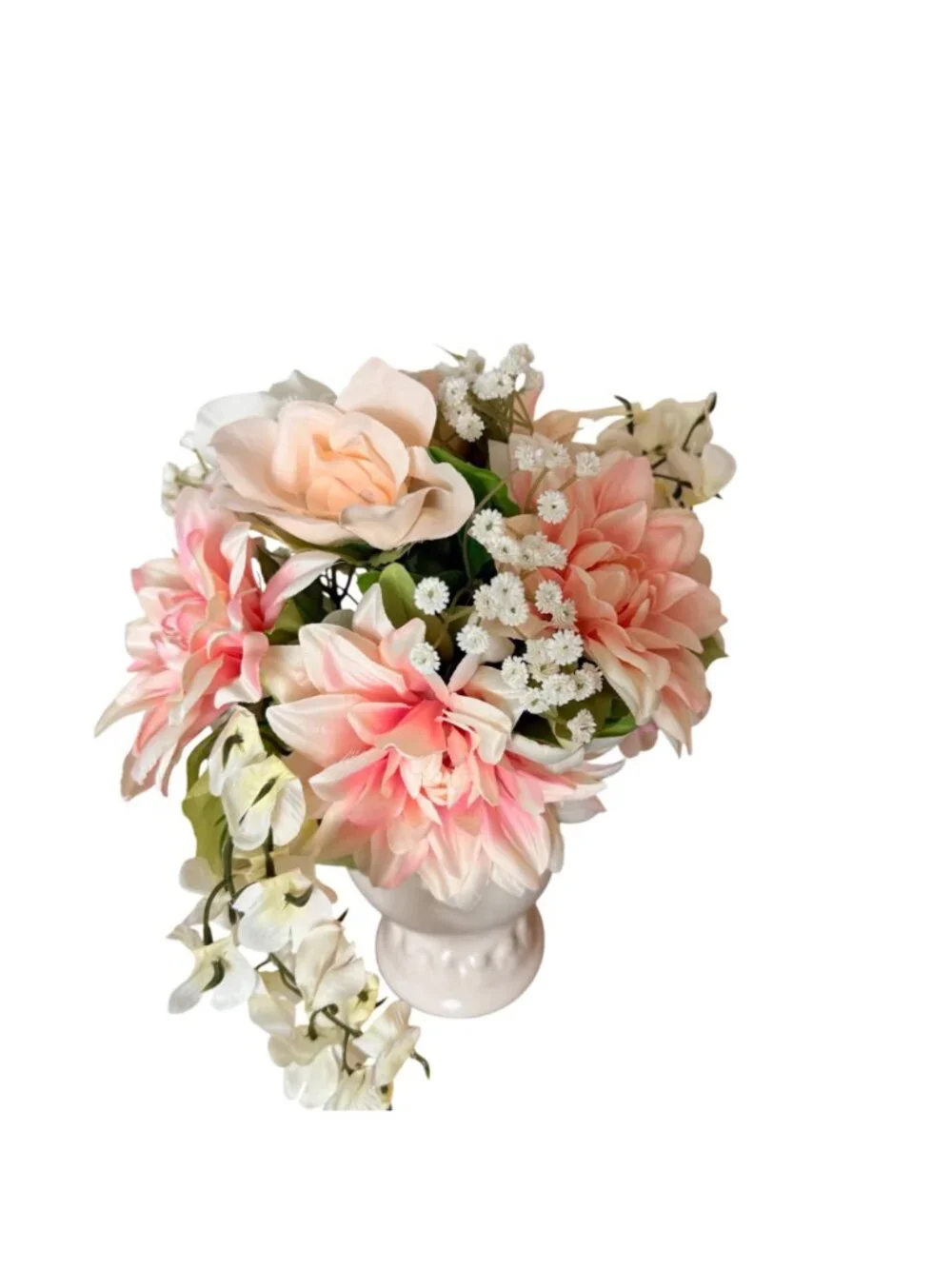 Vintage Faux Floral Arrangement White Ceramic Pedestal Vase Pink Peonies Decor